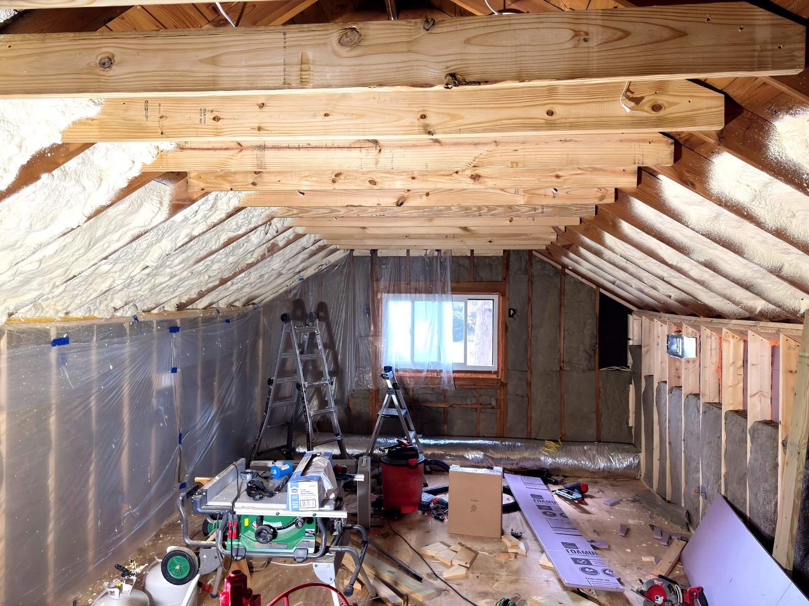 An unfinished attic under renovation with exposed beams, insulation, construction tools, a ladder, and various materials scattered on the floor.